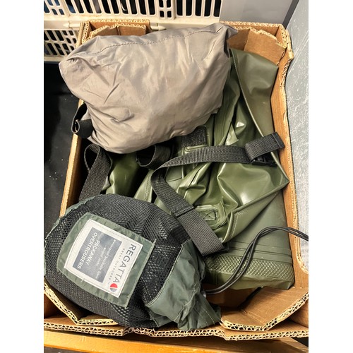 295 - TWO CRATES OF OREGON TRAIL SLEEPING BAG, ADVENTURANGE GRILL AND BURNER, HURRICANE LAMP, LITHIUM HAND... 