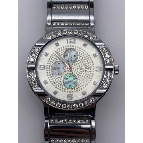 456 - STAINLESS STEEL ICE STAR 4499 OVERSIZED WRIST WATCH WITH DIAMANTE BEZEL AND LINKS