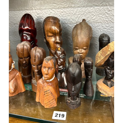 219 - SELECTION OF CARVED HARDWOOD AFRICAN BUSTS OF MALE AND FEMALE