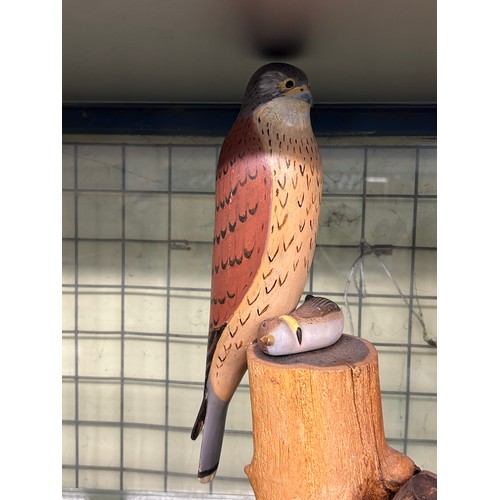 239 - CARVED AND PAINTED MODELS OF A WOODPECKER, FALCON AND ROBIN