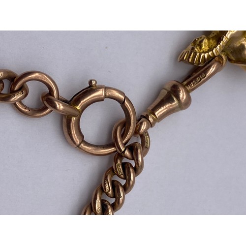487 - 9CT ROSE GOLD ALBERT CHAIN WITH SNAP SWIVEL FASTENER AND UNMARKED YELLOW METAL SPHINX SEAL FOB 43G A... 