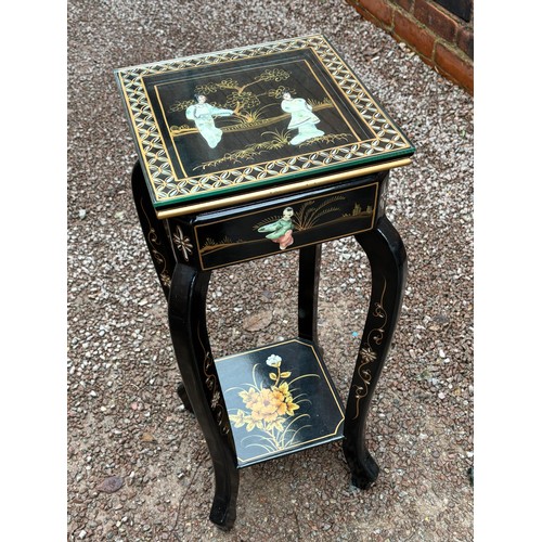 179 - CHINESE BLACK LACQUERED CHINOISERIE JARDINIERE STAND WITH UNDER TIER