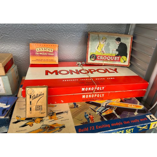 243 - MECCANO AIRPORT SERVICE SET NUMBER 4, MONOPOLY, VINTAGE TABLE CROCHET, AND OTHER GAMES