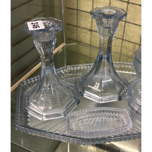 246 - BLUE PRESSED GLASS DRESSING TABLE TRAY SET