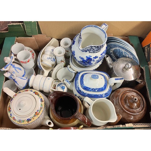 310 - TWO BOXES - BLUE AND WHITE TEAPOTS, JUG, RUBY RED GLASS, EBONY ELEPHANTS AND OTHER ANIMAL FIGURES