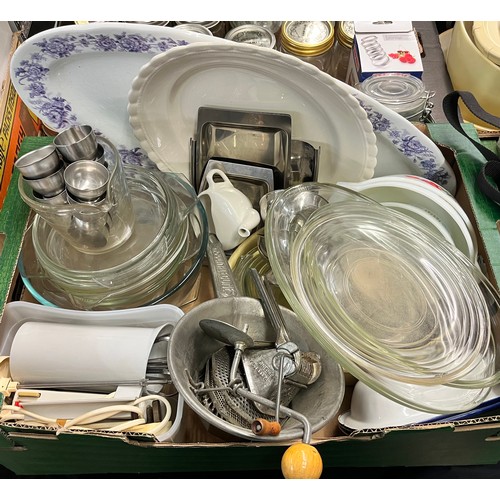 307 - TWO BOXES - KILNER JARS, PYREX, AND STAINLESS STEEL EGG CUPS AND KITCHENALIA