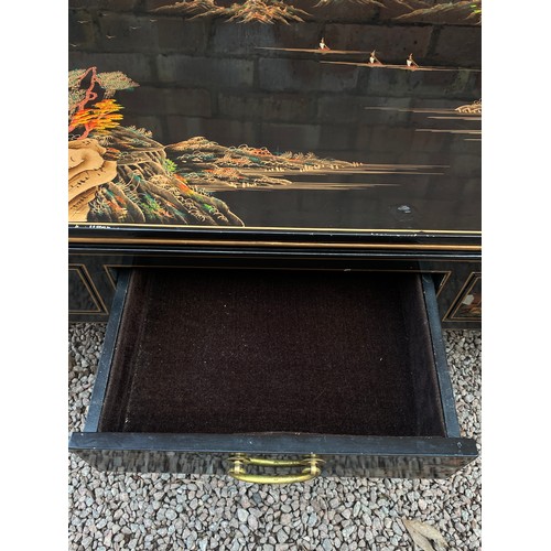 180 - CHINESE BLACK LACQUERED CHINOISERIE RECTANGULAR COFFEE TABLE WITH DRAWERS