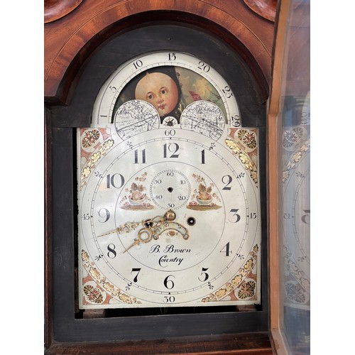 148A - OAK AND MAHOGANY CROSS BANDED INLAID LONGCASE CLOCK WITH PAINTED ENAMEL ARCH DIAL WITH MOON ROLLER P... 