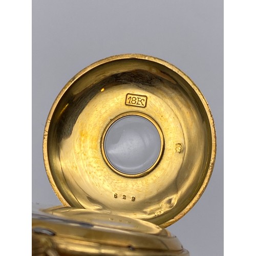 536 - 18K GOLD CASED FOB WATCH WITH BLUE ENAMEL CHAPTER RING ON 9CT GOLD BOW TIE BROOCH 35G APPROX OVERALL