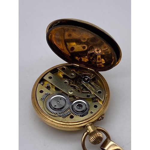 536 - 18K GOLD CASED FOB WATCH WITH BLUE ENAMEL CHAPTER RING ON 9CT GOLD BOW TIE BROOCH 35G APPROX OVERALL