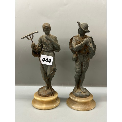 444 - PAIR OF SPELTER FIGURES OF FARMERS ON MARBLE SOCLES