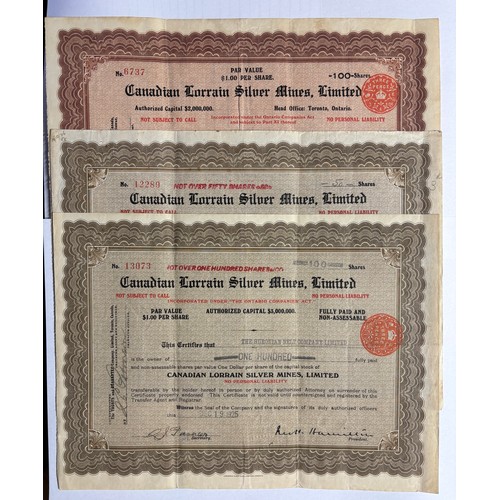 581 - FOLDER OF CANADIAN LORRAINE SILVER MINE LIMITED SHARE CERTIFICATES 1924 AND 1925