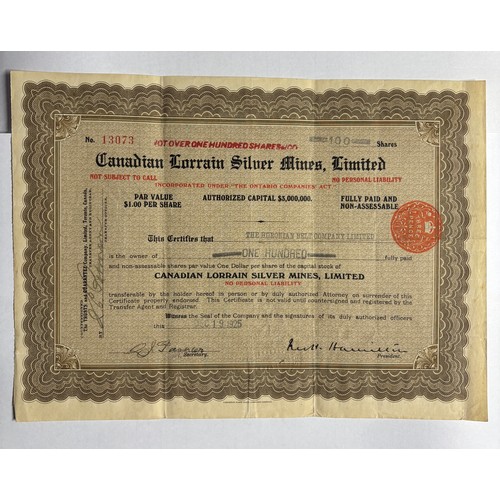 581 - FOLDER OF CANADIAN LORRAINE SILVER MINE LIMITED SHARE CERTIFICATES 1924 AND 1925