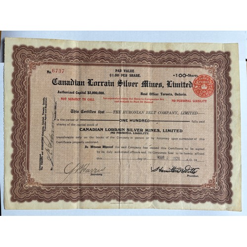 581 - FOLDER OF CANADIAN LORRAINE SILVER MINE LIMITED SHARE CERTIFICATES 1924 AND 1925