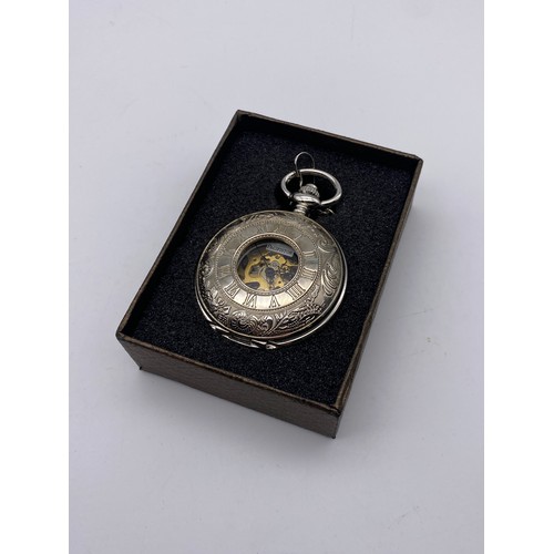 548 - PLATED HALF HUNTER POCKET WATCH ON CHAIN