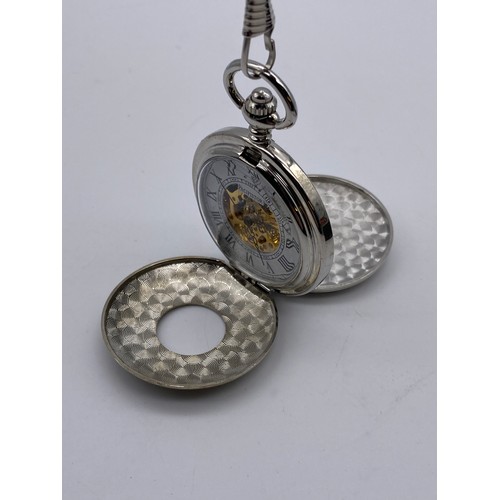 548 - PLATED HALF HUNTER POCKET WATCH ON CHAIN