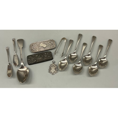 383 - SET OF BIRMINGHAM SILVER TEA SPOONS, TALON SUGAR NIPS, FOB AND TWO SILVER LIDS