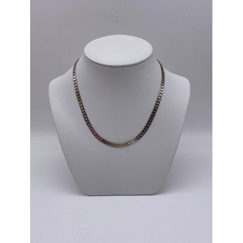 564 - 9CT WHITE GOLD SQUARE LINK ART DECO STYLE NECK CHAIN WITH DIAMOND CHIP ENCRUSTED 18CT AND PLAT CLASP... 