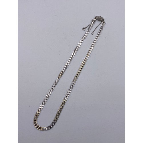 564 - 9CT WHITE GOLD SQUARE LINK ART DECO STYLE NECK CHAIN WITH DIAMOND CHIP ENCRUSTED 18CT AND PLAT CLASP... 