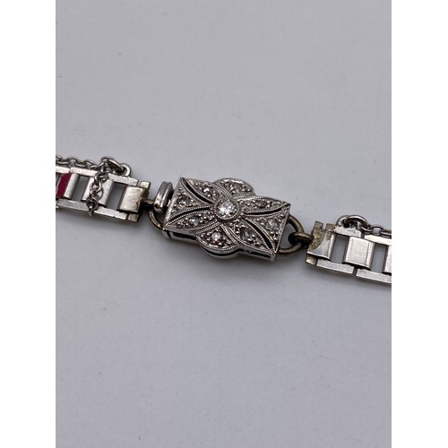 564 - 9CT WHITE GOLD SQUARE LINK ART DECO STYLE NECK CHAIN WITH DIAMOND CHIP ENCRUSTED 18CT AND PLAT CLASP... 