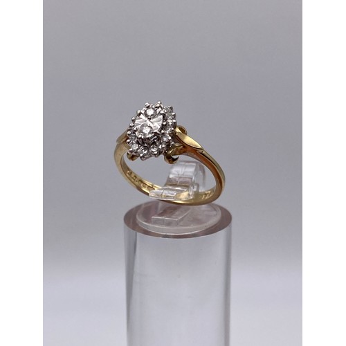 531 - 9CT YELLOW GOLD TWO DIAMOND ILLUSION CUT SIXTEEN STONE CLUSTER DRESS RING 2.8G APPROX.