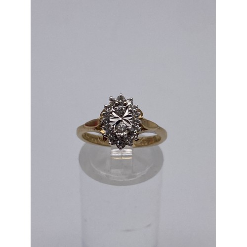 531 - 9CT YELLOW GOLD TWO DIAMOND ILLUSION CUT SIXTEEN STONE CLUSTER DRESS RING 2.8G APPROX.