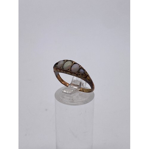 554 - 9CT GOLD FIVE STONE OPAL RING (ONE STONE MISSING & SHANK MISSHAPEN) 1.6G APPROX