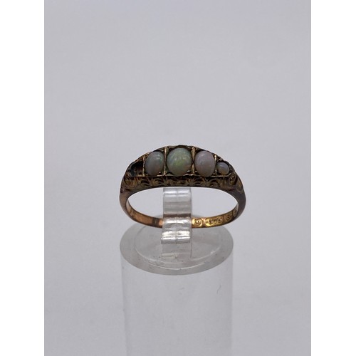 554 - 9CT GOLD FIVE STONE OPAL RING (ONE STONE MISSING & SHANK MISSHAPEN) 1.6G APPROX