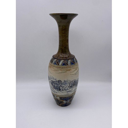 436 - DOULTON LAMBETH STONEWARE VASE DECORATED WITH SHEEP HANNAH BARLOW