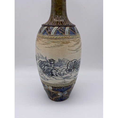 436 - DOULTON LAMBETH STONEWARE VASE DECORATED WITH SHEEP HANNAH BARLOW
