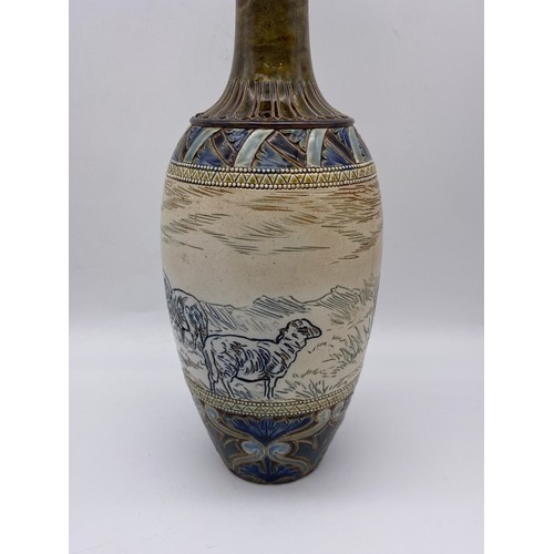 436 - DOULTON LAMBETH STONEWARE VASE DECORATED WITH SHEEP HANNAH BARLOW