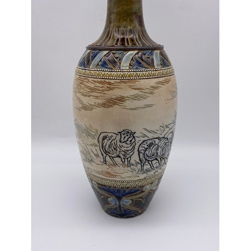 436 - DOULTON LAMBETH STONEWARE VASE DECORATED WITH SHEEP HANNAH BARLOW