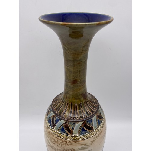 436 - DOULTON LAMBETH STONEWARE VASE DECORATED WITH SHEEP HANNAH BARLOW