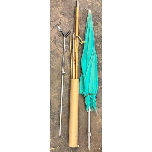 337 - SELECTION OF VINTAGE SPLIT CANE AND GLASS FISHING RODS, UMBRELLA, POLES AND STICKS