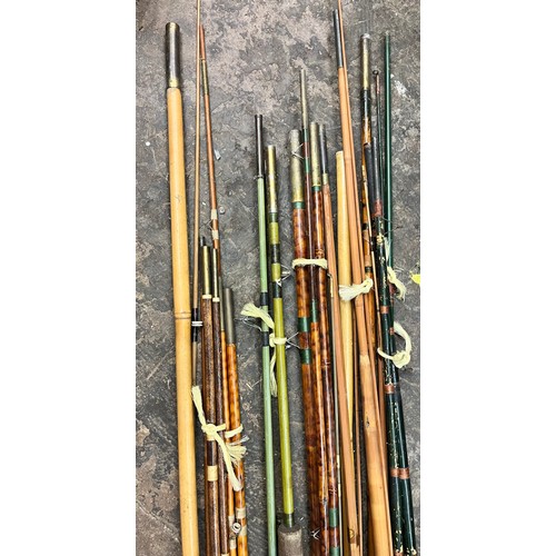 337 - SELECTION OF VINTAGE SPLIT CANE AND GLASS FISHING RODS, UMBRELLA, POLES AND STICKS