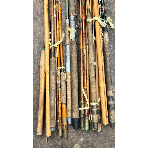 337 - SELECTION OF VINTAGE SPLIT CANE AND GLASS FISHING RODS, UMBRELLA, POLES AND STICKS