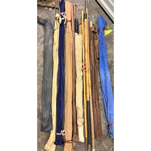 337 - SELECTION OF VINTAGE SPLIT CANE AND GLASS FISHING RODS, UMBRELLA, POLES AND STICKS