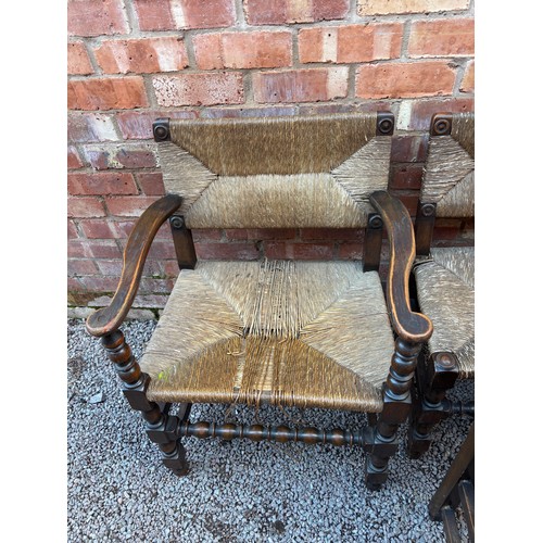 21 - SET OF SIX OAK BOBBIN REEL AND RUSH SEATED CHAIRS (FOUR AND TWO ELBOW CHAIRS)