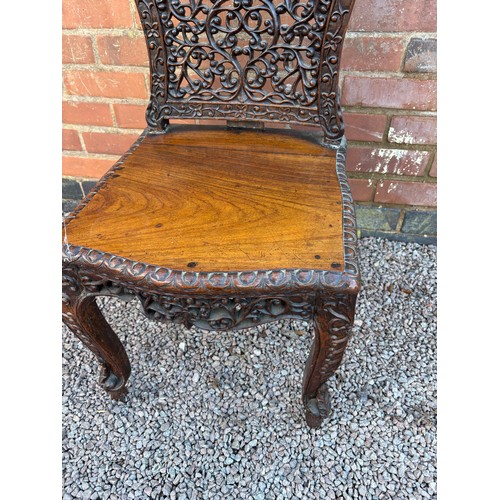 34 - 19TH CENTURY BURMESE ROSEWOOD FRET CARVED SIDE CHAIR A/F