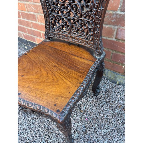 34 - 19TH CENTURY BURMESE ROSEWOOD FRET CARVED SIDE CHAIR A/F