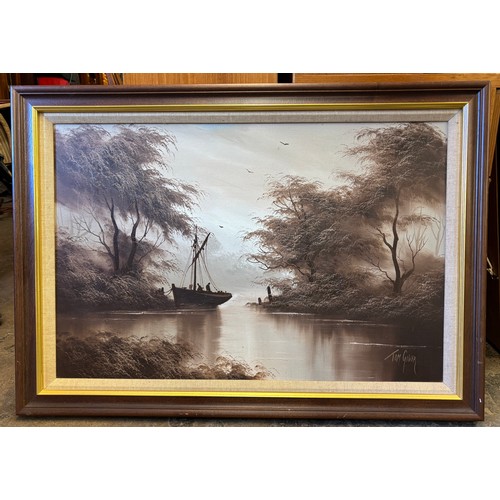 TOM GOWER OILS ON CANVAS BOAT IN RIVER LANDSCAPE