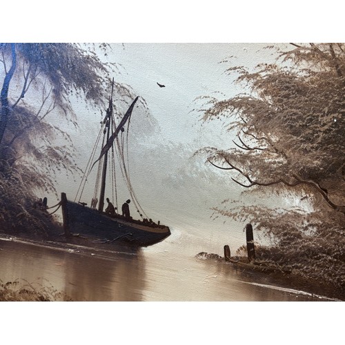 TOM GOWER OILS ON CANVAS BOAT IN RIVER LANDSCAPE