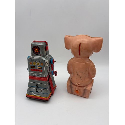 371 - JAPANESE TINPLATE WIND UP ROBOT AND PLASTIC LITTLE PIGGY BANK