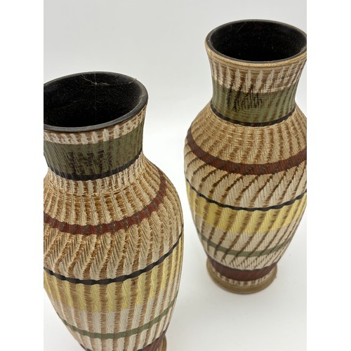 528 - PAIR OF GERMAN STUDIO POTTERY NUMBERED 118 RIBBED BALUSTER VASES