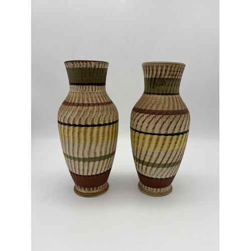 528 - PAIR OF GERMAN STUDIO POTTERY NUMBERED 118 RIBBED BALUSTER VASES