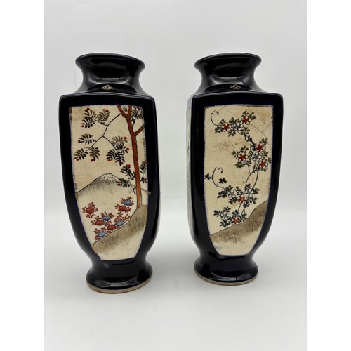 526 - PAIR OF JAPANESE SATSUMA EARTHENWARE SQUARE SECTION VASES WITH PAINTED PANELS A/F