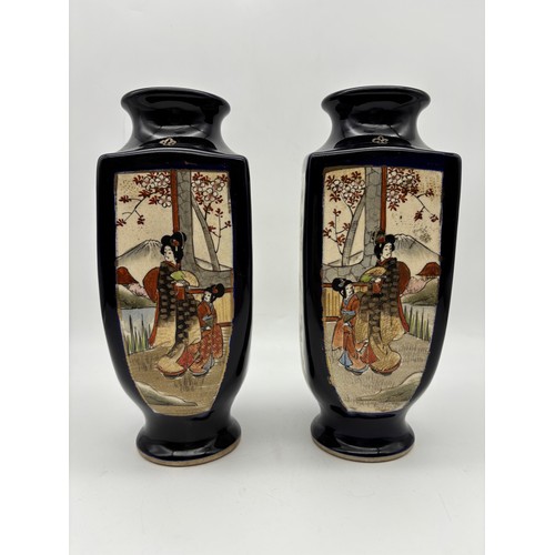 526 - PAIR OF JAPANESE SATSUMA EARTHENWARE SQUARE SECTION VASES WITH PAINTED PANELS A/F