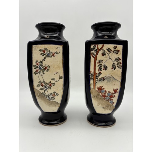 526 - PAIR OF JAPANESE SATSUMA EARTHENWARE SQUARE SECTION VASES WITH PAINTED PANELS A/F