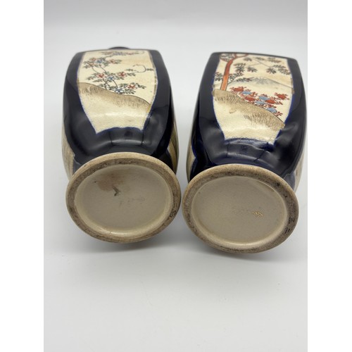 526 - PAIR OF JAPANESE SATSUMA EARTHENWARE SQUARE SECTION VASES WITH PAINTED PANELS A/F