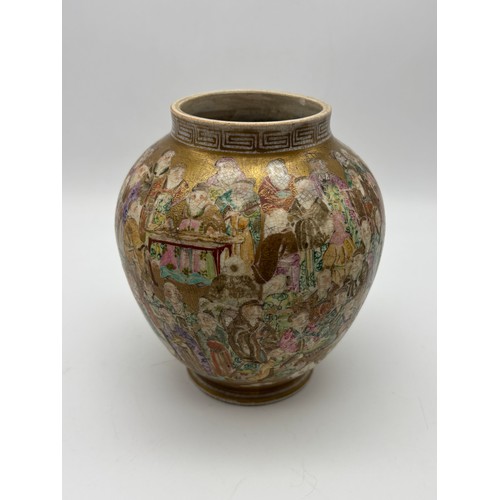 525 - PAIR OF EARLY 20TH CENTURY CRACKLE GLAZE BALUSTER VASES DECORATED WITH WARRIORS AND A BALUSTER VASE ... 